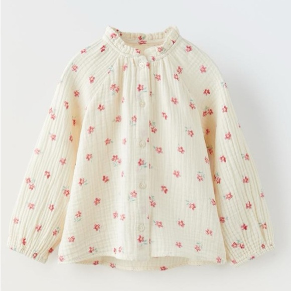 Zara Other - Zara textured girls Floral Shirt - Cream with Pink Flowers